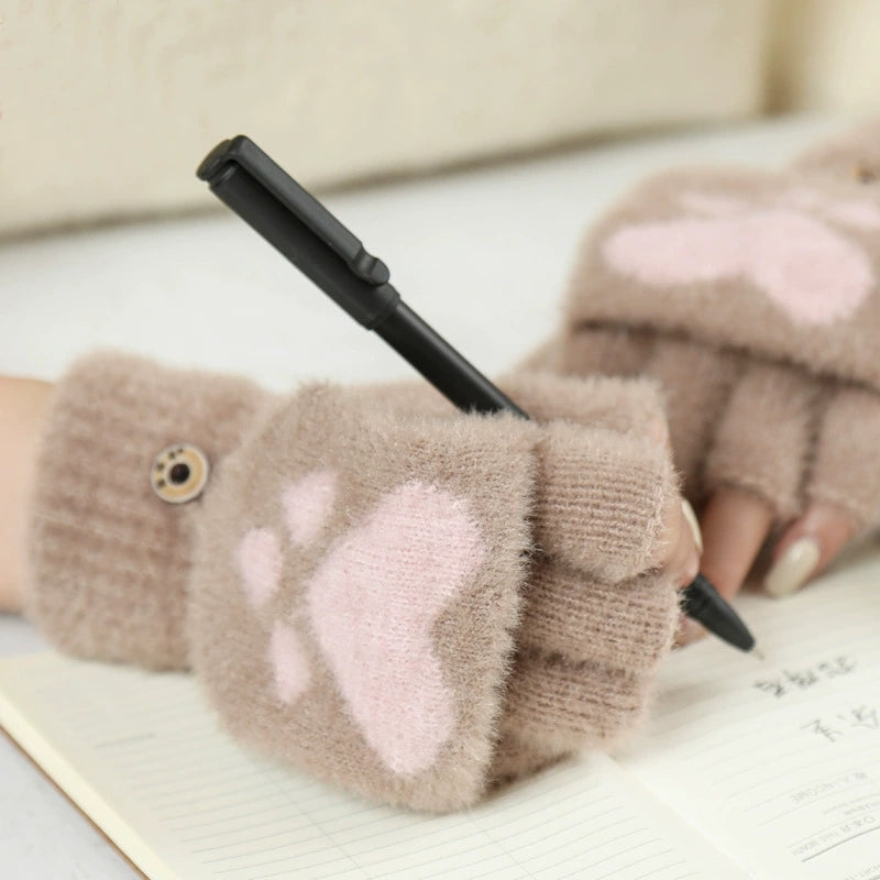 Warm Plush Cat Paw Half Finger Gloves