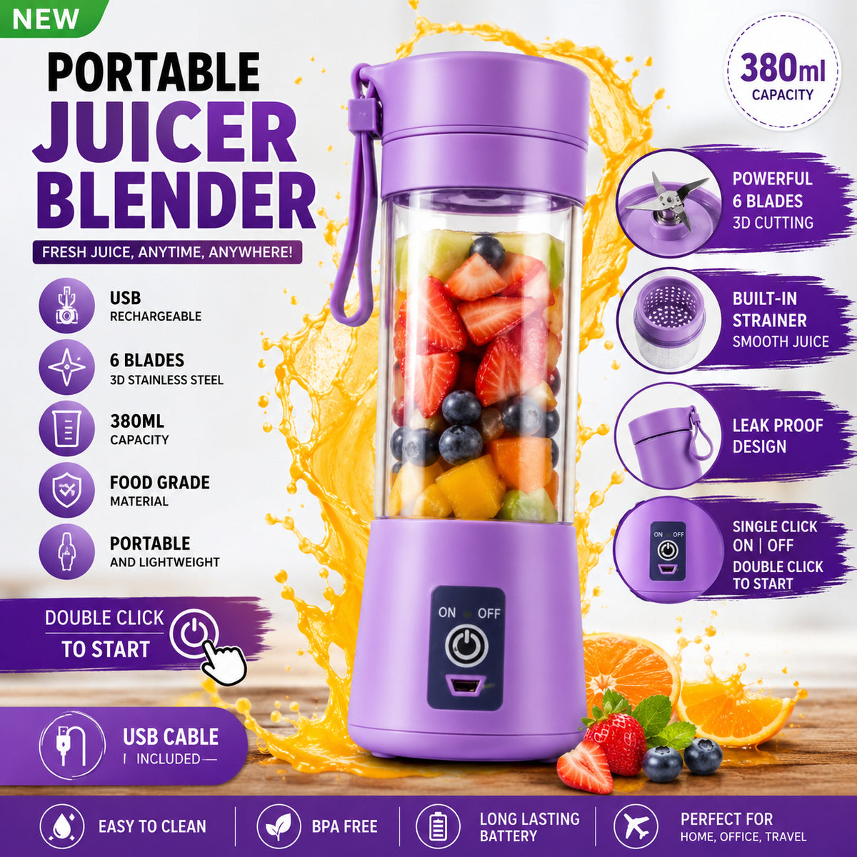USB Rechargeable 6-Blade Portable Mini Juicer Blender