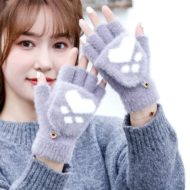 Warm Plush Cat Paw Half Finger Gloves