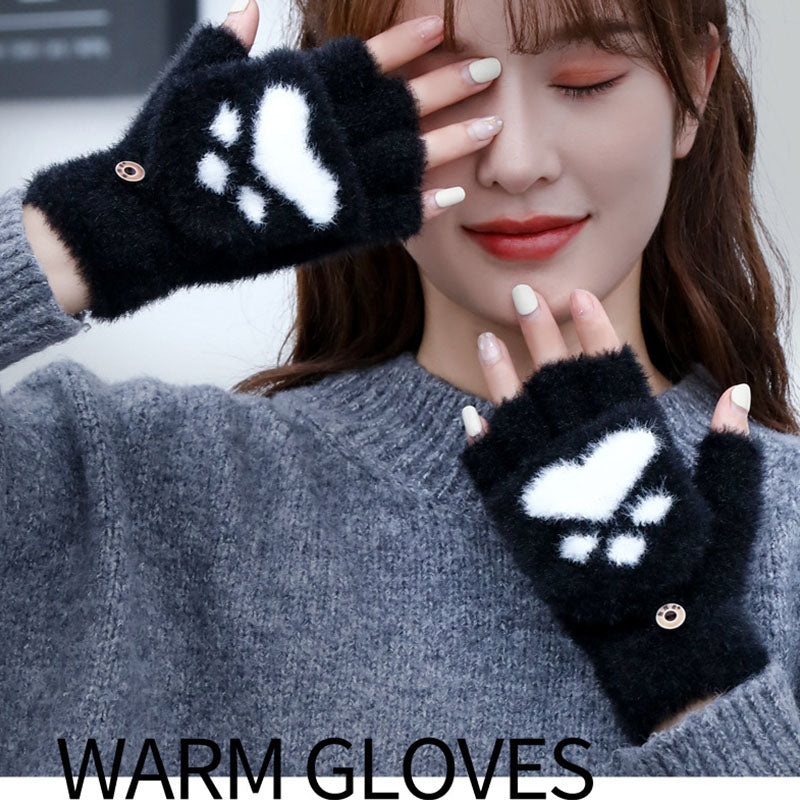 Warm Plush Cat Paw Half Finger Gloves