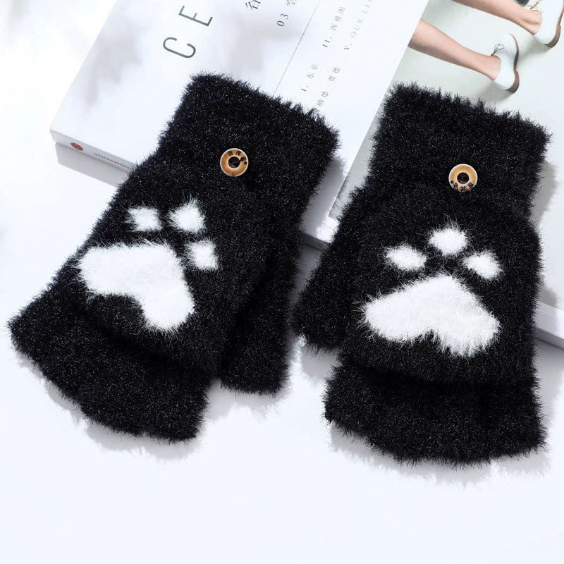 Warm Plush Cat Paw Half Finger Gloves