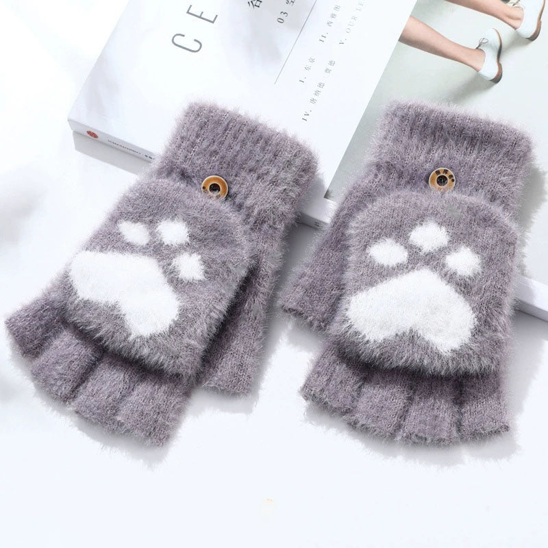 Warm Plush Cat Paw Half Finger Gloves