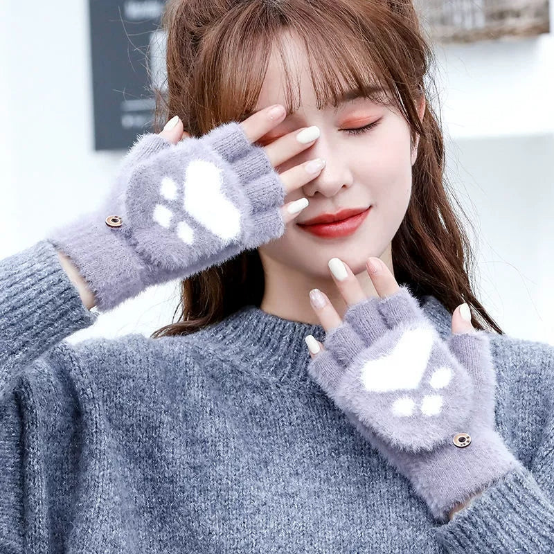 Warm Plush Cat Paw Half Finger Gloves