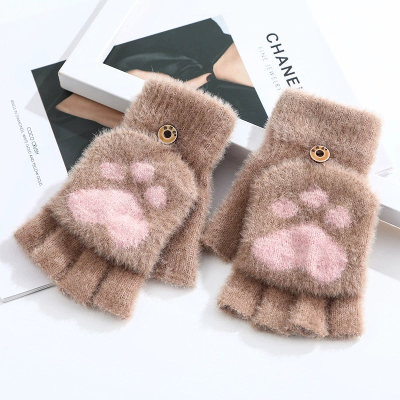 Warm Plush Cat Paw Half Finger Gloves
